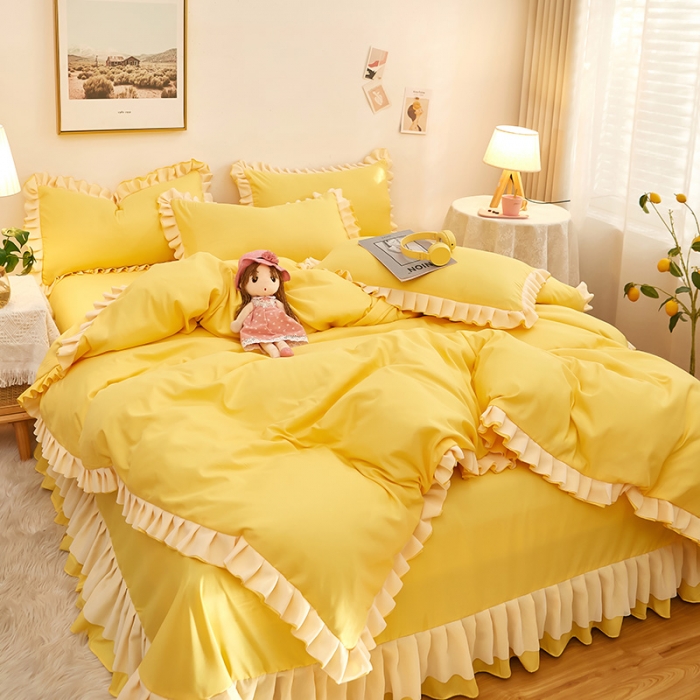 91家纺网 家纺一手货源 找家纺 莉莉安 2025新款韩版公主风亲肤单枕套-爱恋 爱恋-布丁黄/只