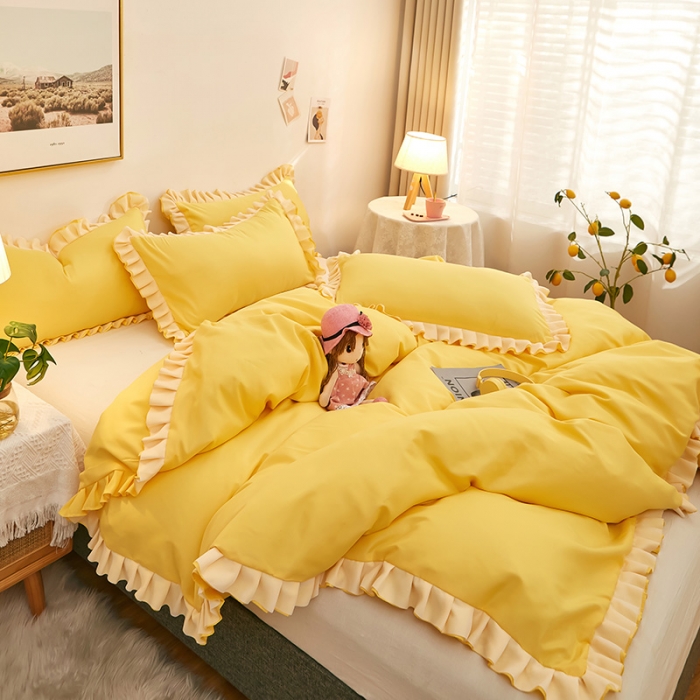 91家纺网 家纺一手货源 找家纺 莉莉安 2025新款韩版公主风亲肤单枕套-爱恋 爱恋-布丁黄/只