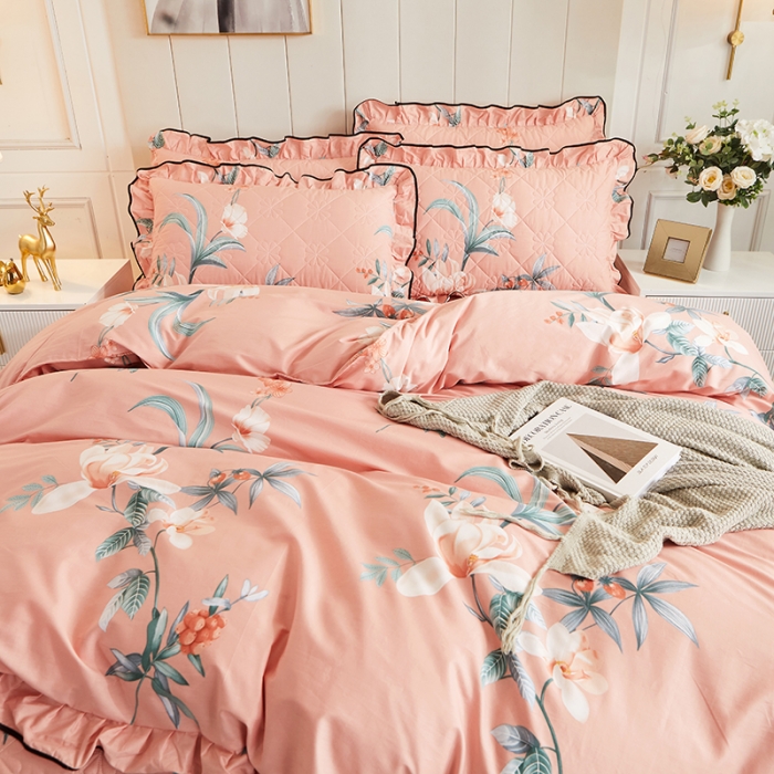 91家纺网 家纺一手货源 找家纺 十个点家纺 2022新款全棉蕾丝夹棉床裙四件套 如诗如画-粉