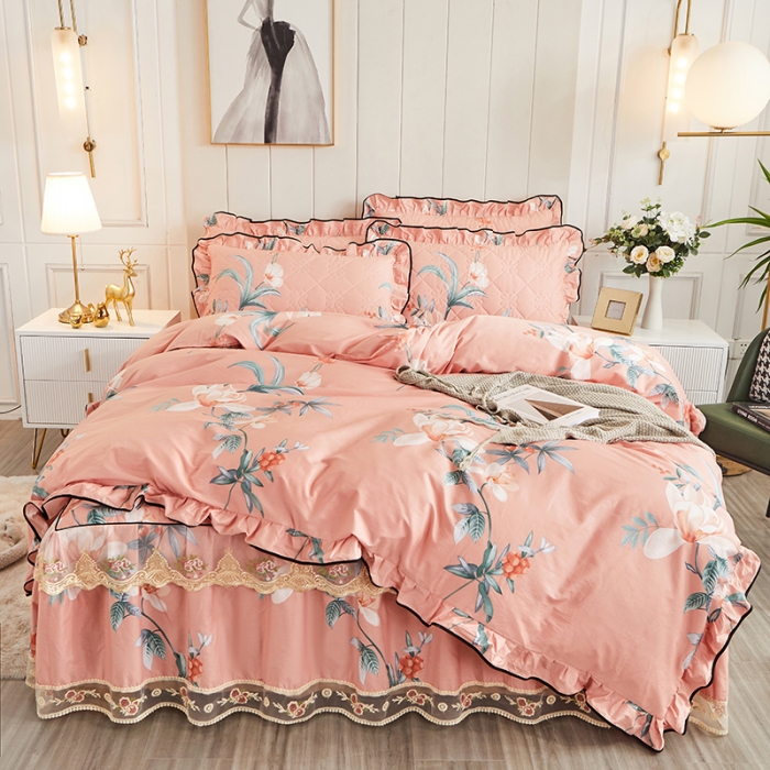 91家纺网 家纺一手货源 找家纺 十个点家纺 2022新款全棉蕾丝夹棉床裙四件套 如诗如画-粉