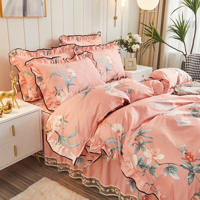 91家纺网 家纺一手货源 找家纺 十个点家纺 2022新款全棉蕾丝夹棉床裙四件套 如诗如画-粉