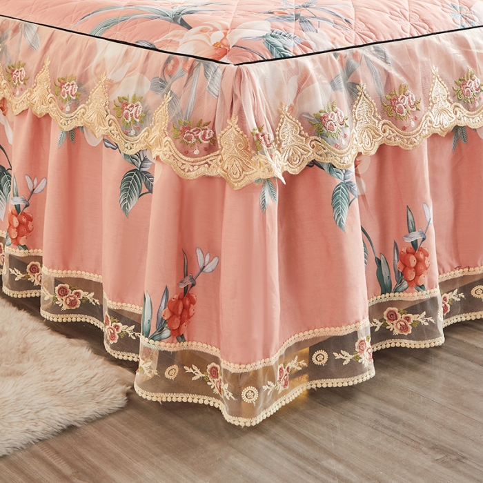 91家纺网 家纺一手货源 找家纺 十个点家纺 2022新款全棉蕾丝夹棉床裙四件套 如诗如画-粉