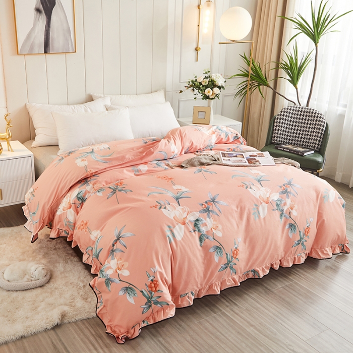 91家纺网 家纺一手货源 找家纺 十个点家纺 2022新款全棉蕾丝夹棉床裙四件套 如诗如画-粉