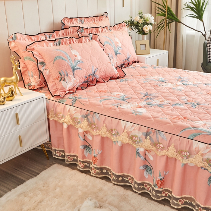 91家纺网 家纺一手货源 找家纺 十个点家纺 2022新款全棉蕾丝夹棉单床裙 如诗如画-粉