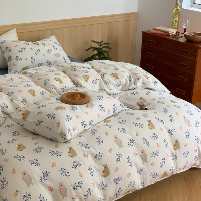 91家纺网 家纺一手货源 找家纺 金丝鸟 2022新款全棉双层纱四件套 橘子熊