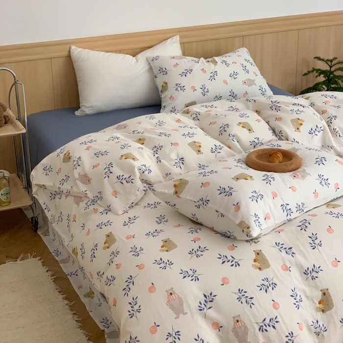 91家纺网 家纺一手货源 找家纺 金丝鸟 2022新款全棉双层纱四件套 橘子熊