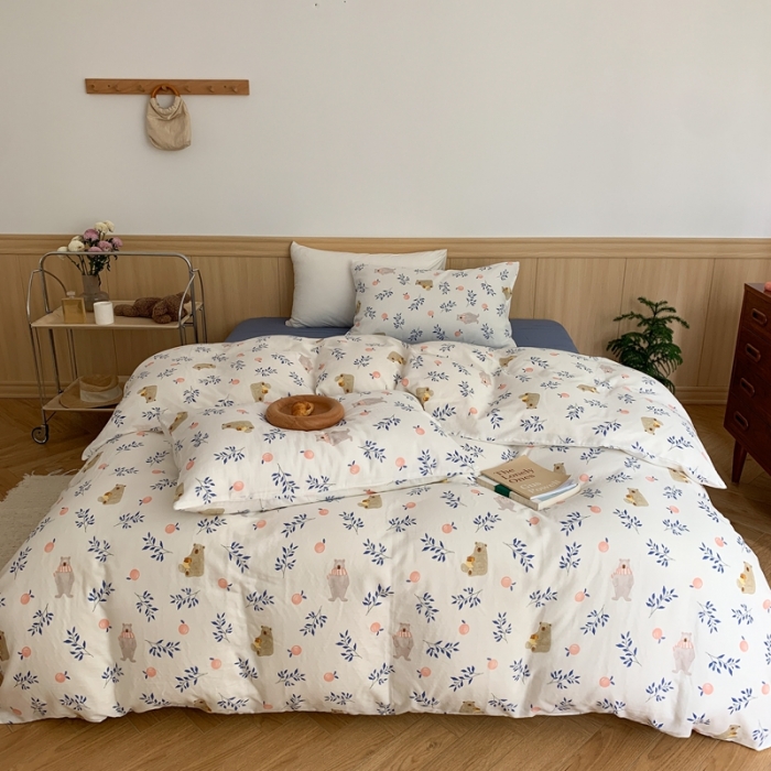 91家纺网 家纺一手货源 找家纺 金丝鸟 2022新款全棉双层纱四件套 橘子熊