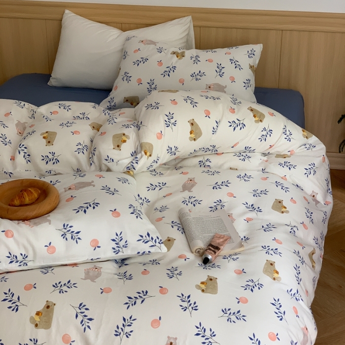 91家纺网 家纺一手货源 找家纺 金丝鸟 2022新款全棉双层纱四件套 橘子熊