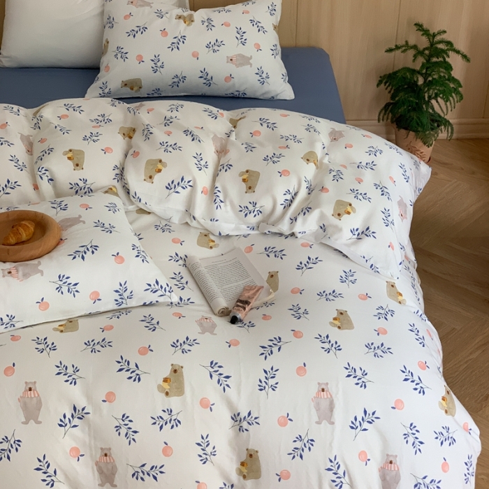 91家纺网 家纺一手货源 找家纺 金丝鸟 2022新款全棉双层纱四件套 橘子熊