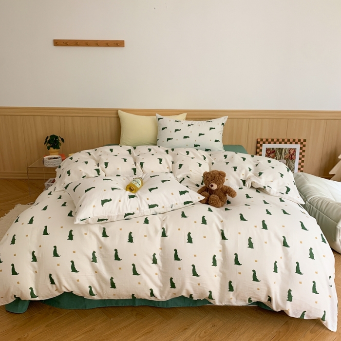 91家纺网 家纺一手货源 找家纺 金丝鸟 2022新款全棉双层纱四件套 恐龙王子