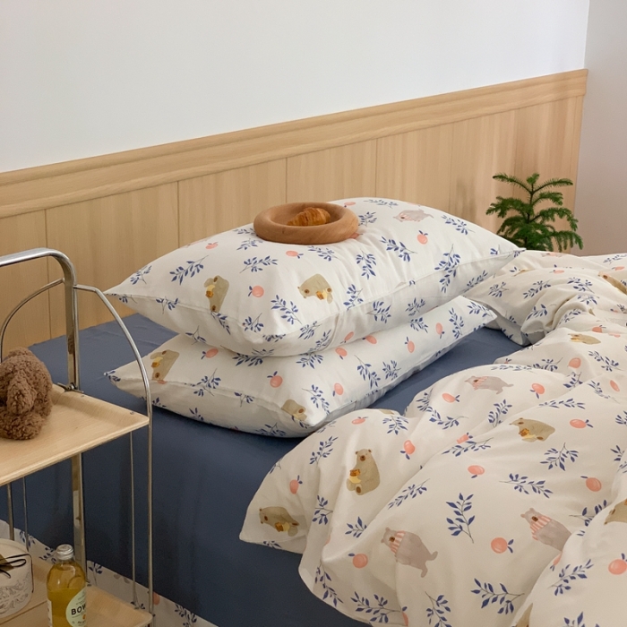 91家纺网 家纺一手货源 找家纺 金丝鸟 2022新款全棉双层纱四件套 橘子熊