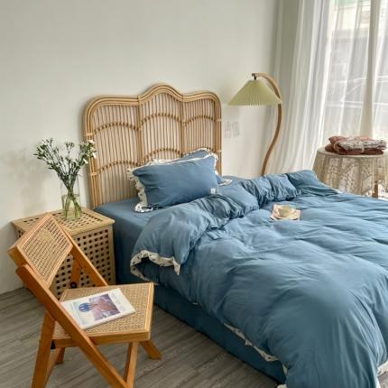 91家纺网 家纺一手货源 找家纺 源启生活 2022新全棉法式复古花边双层纱四件套纯棉 菘蓝