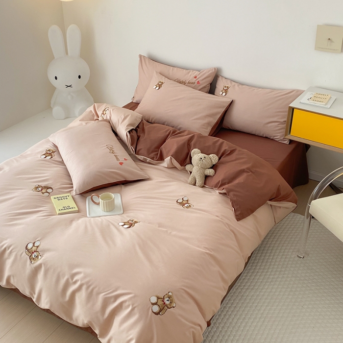 91家纺网 家纺一手货源 找家纺 沐棉 2022新款13376全棉刺绣四件套 可爱熊-咖