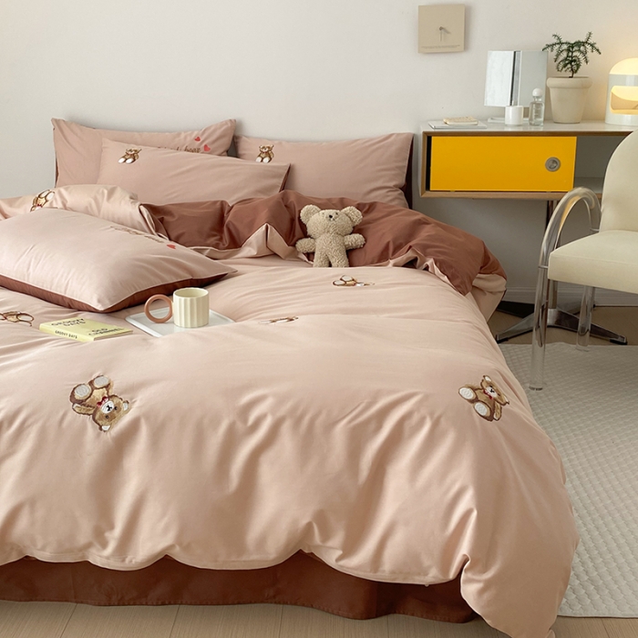 91家纺网 家纺一手货源 找家纺 沐棉 2022新款13376全棉刺绣四件套 可爱熊-咖