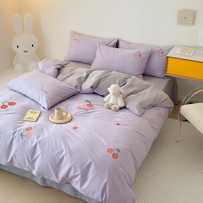 91家纺网 家纺一手货源 找家纺 沐棉 2022新款13376全棉刺绣四件套 樱桃-紫