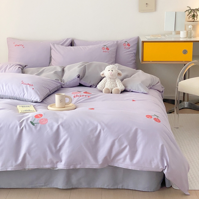 91家纺网 家纺一手货源 找家纺 沐棉 2022新款13376全棉刺绣四件套 樱桃-紫