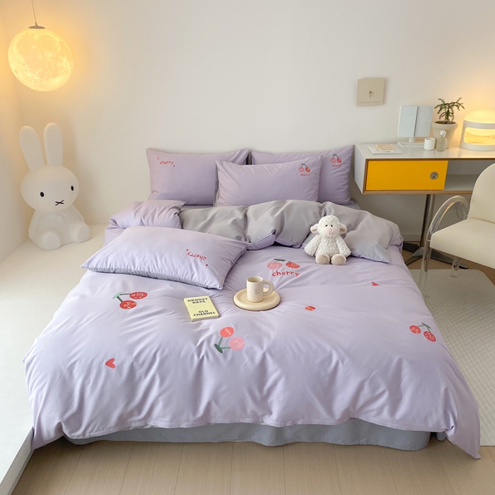 91家纺网 家纺一手货源 找家纺 沐棉 2022新款13376全棉刺绣四件套 樱桃-紫