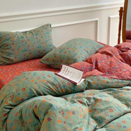 91家纺网 家纺一手货源 找家纺 艾咪 新款复古少女风全棉双层纱色织提花四件套-春意绿