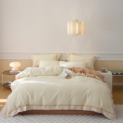 91家纺网 家纺一手货源 找家纺 艾莱家纺2022新款华夫格全棉水洗棉四件套卡诺凡-米色配奶咖