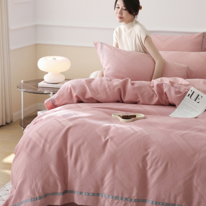 91家纺网 家纺一手货源 找家纺 艾莱2022新款华夫格全棉水洗棉四件套-卡诺凡卡诺凡-粉豆沙