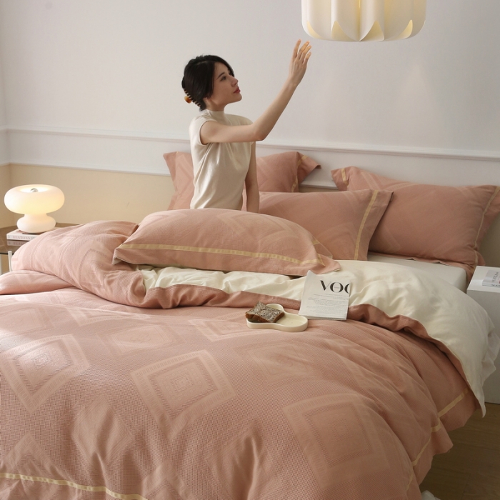 91家纺网 家纺一手货源 找家纺 艾莱2022新款华夫格全棉水洗棉四件套-卡诺凡 卡诺凡-奶咖配米色