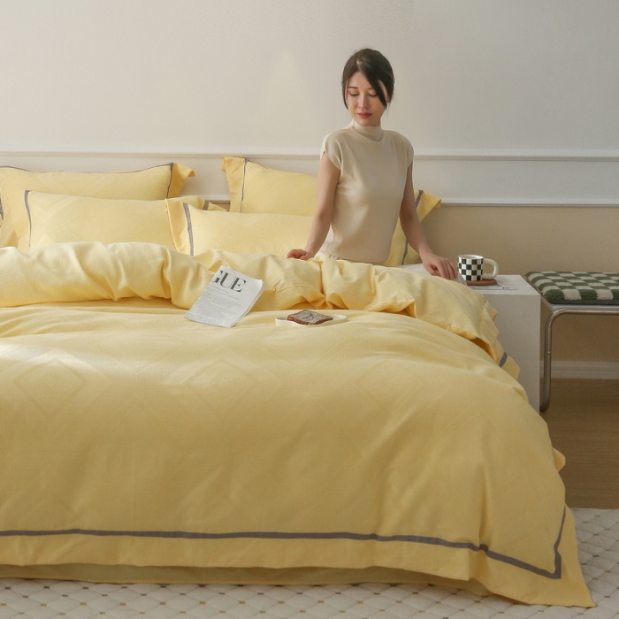91家纺网 家纺一手货源 找家纺 艾莱2022新款华夫格全棉水洗棉四件套-卡诺凡卡诺凡-柠檬黄