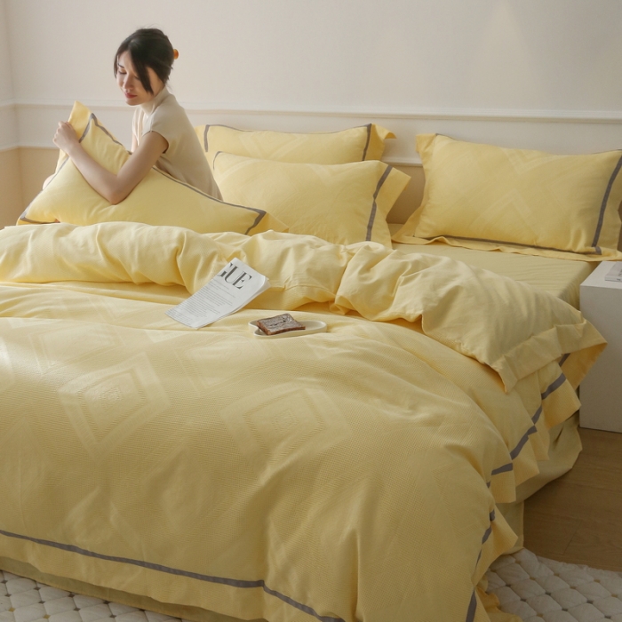 91家纺网 家纺一手货源 找家纺 艾莱2022新款华夫格全棉水洗棉四件套-卡诺凡卡诺凡-柠檬黄