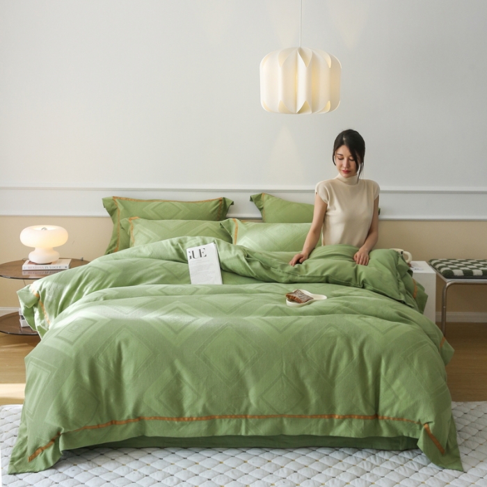 91家纺网 家纺一手货源 找家纺 艾莱2022新华夫格全棉水洗棉四件套-卡诺凡卡诺凡-牛油果绿