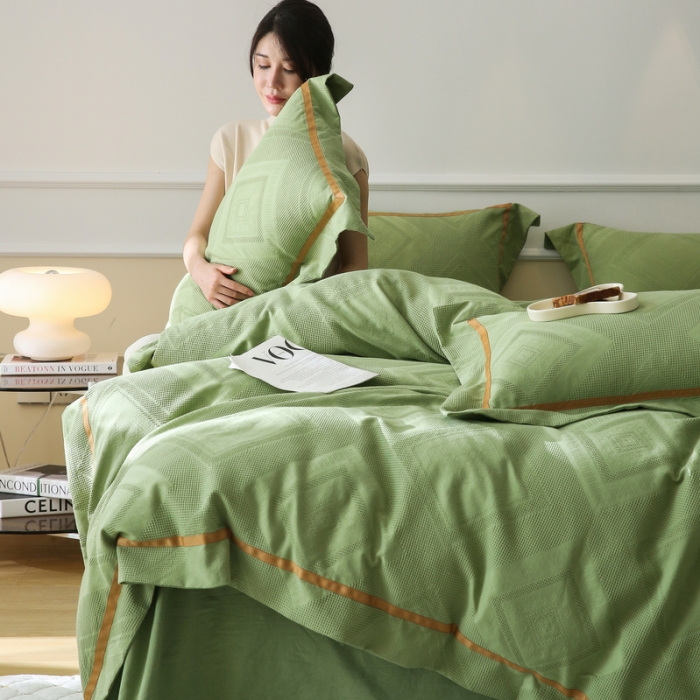 91家纺网 家纺一手货源 找家纺 艾莱2022新华夫格全棉水洗棉四件套-卡诺凡卡诺凡-牛油果绿