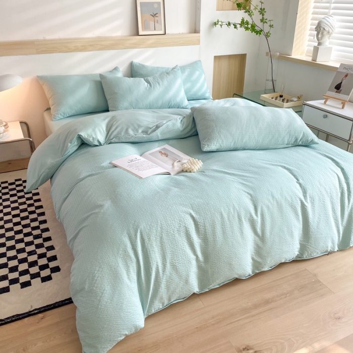 91家纺网 家纺一手货源 找家纺 慕澄家纺 2022新款华夫格简约款泡泡四件套 湖水绿
