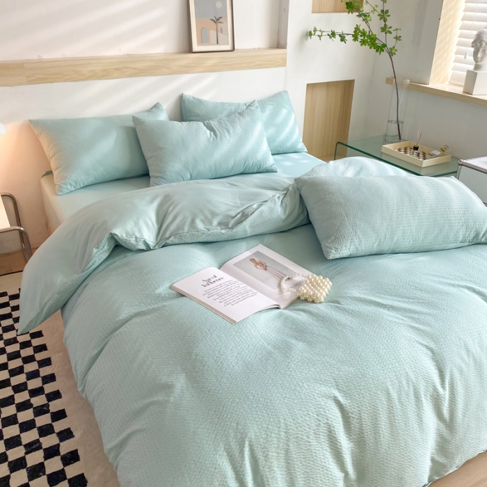 91家纺网 家纺一手货源 找家纺 慕澄家纺 2022新款华夫格简约款泡泡四件套 湖水绿