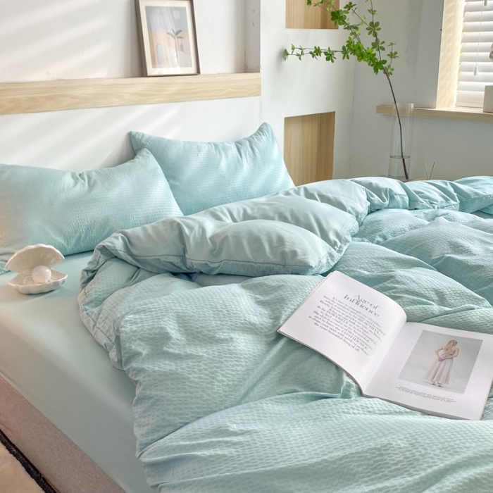 91家纺网 家纺一手货源 找家纺 慕澄家纺 2022新款华夫格简约款泡泡四件套 湖水绿