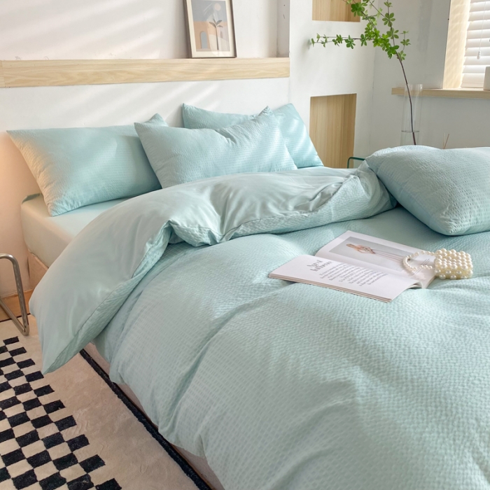 91家纺网 家纺一手货源 找家纺 慕澄家纺 2022新款华夫格简约款泡泡四件套 湖水绿
