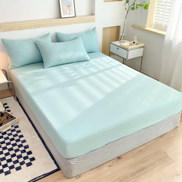 91家纺网 家纺一手货源 找家纺 慕澄家纺 2022新款华夫格简约款泡泡四件套 湖水绿