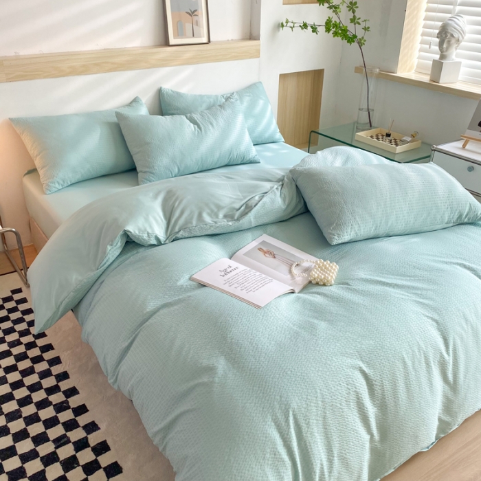 91家纺网 家纺一手货源 找家纺 慕澄家纺 2022新款华夫格简约款泡泡四件套 湖水绿