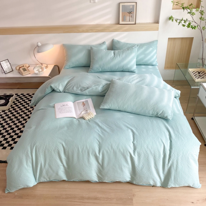 91家纺网 家纺一手货源 找家纺 慕澄家纺 2022新款华夫格简约款泡泡四件套 湖水绿