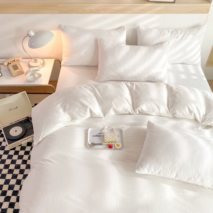 91家纺网 家纺一手货源 找家纺 慕澄家纺 2022新款华夫格简约款泡泡四件套 奶白色