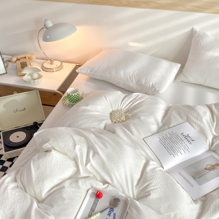 91家纺网 家纺一手货源 找家纺 慕澄家纺 2022新款华夫格简约款泡泡四件套 奶白色