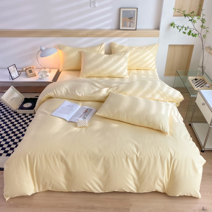 91家纺网 家纺一手货源 找家纺 慕澄家纺 2022新款华夫格简约款泡泡四件套 奶黄色