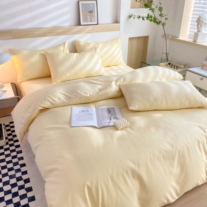 91家纺网 家纺一手货源 找家纺 慕澄家纺 2022新款华夫格简约款泡泡四件套 奶黄色