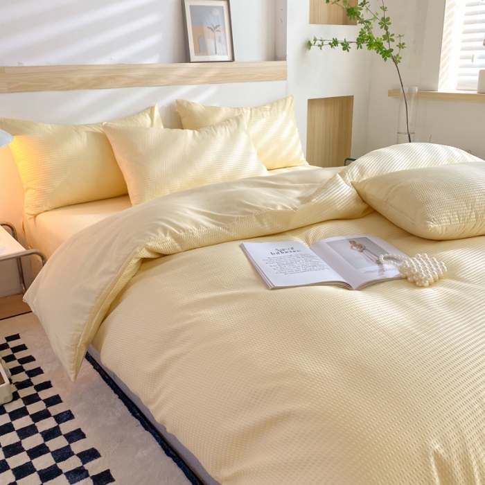 91家纺网 家纺一手货源 找家纺 慕澄家纺 2022新款华夫格简约款泡泡四件套 奶黄色