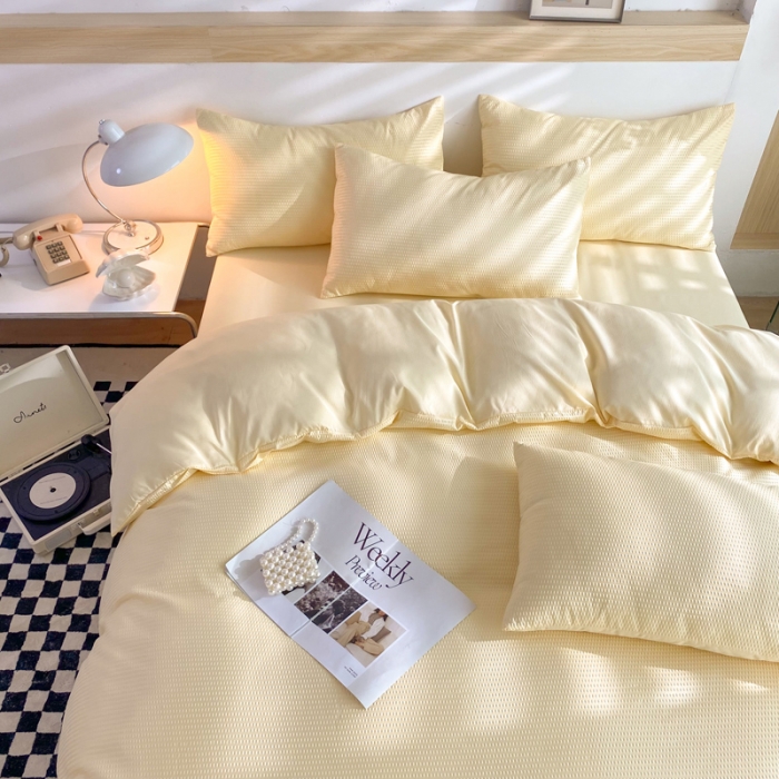 91家纺网 家纺一手货源 找家纺 慕澄家纺 2022新款华夫格简约款泡泡四件套 奶黄色