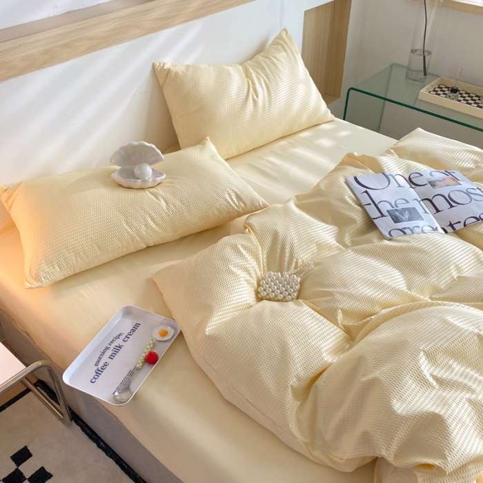 91家纺网 家纺一手货源 找家纺 慕澄家纺 2022新款华夫格简约款泡泡四件套 奶黄色