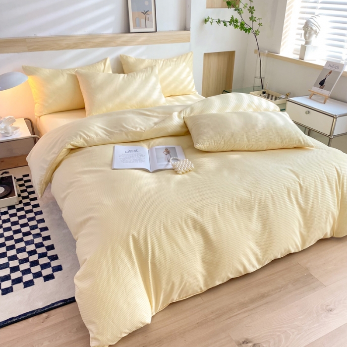 91家纺网 家纺一手货源 找家纺 慕澄家纺 2022新款华夫格简约款泡泡四件套 奶黄色