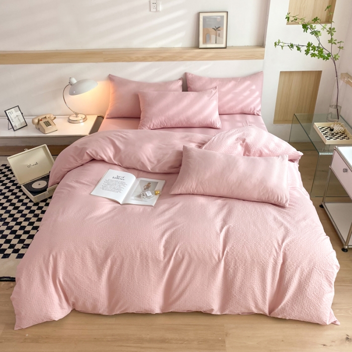 91家纺网 家纺一手货源 找家纺 慕澄家纺 2022新款华夫格简约款泡泡四件套 浅豆沙