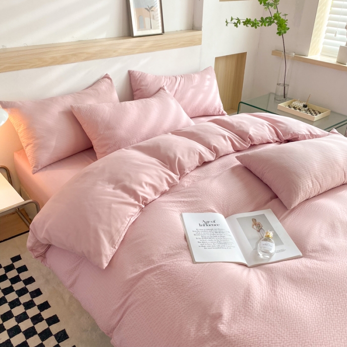 91家纺网 家纺一手货源 找家纺 慕澄家纺 2022新款华夫格简约款泡泡四件套 浅豆沙