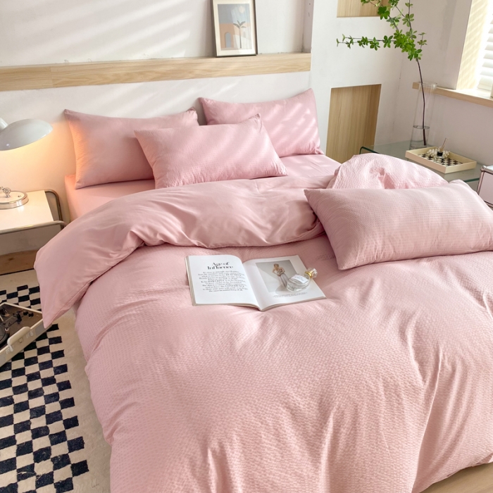 91家纺网 家纺一手货源 找家纺 慕澄家纺 2022新款华夫格简约款泡泡四件套 浅豆沙