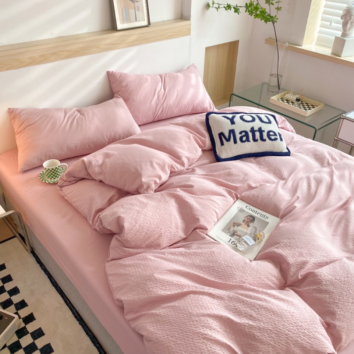 91家纺网 家纺一手货源 找家纺 慕澄家纺 2022新款华夫格简约款泡泡四件套 浅豆沙