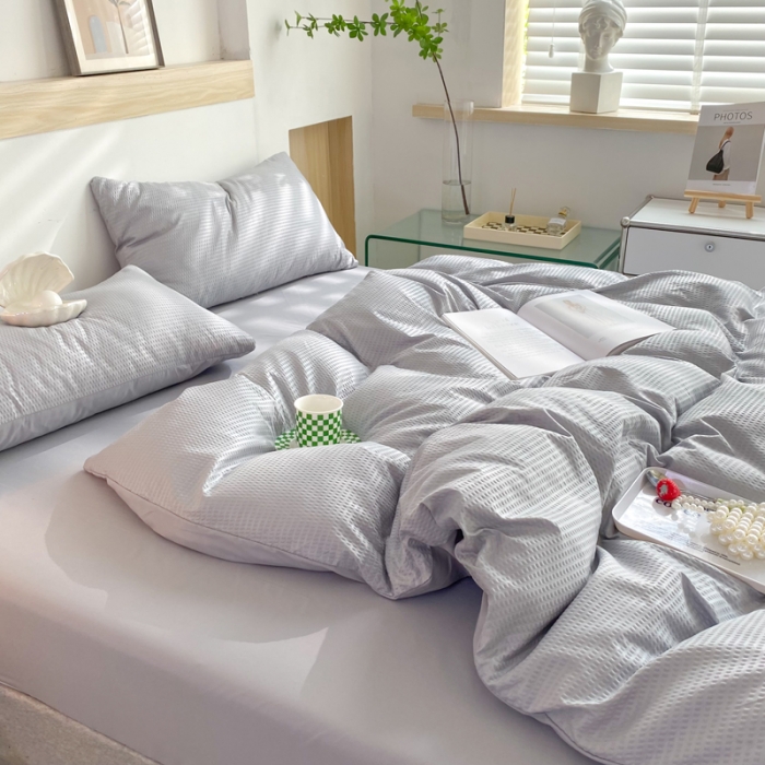 91家纺网 家纺一手货源 找家纺 慕澄家纺 2022新款华夫格简约款泡泡四件套 情调灰