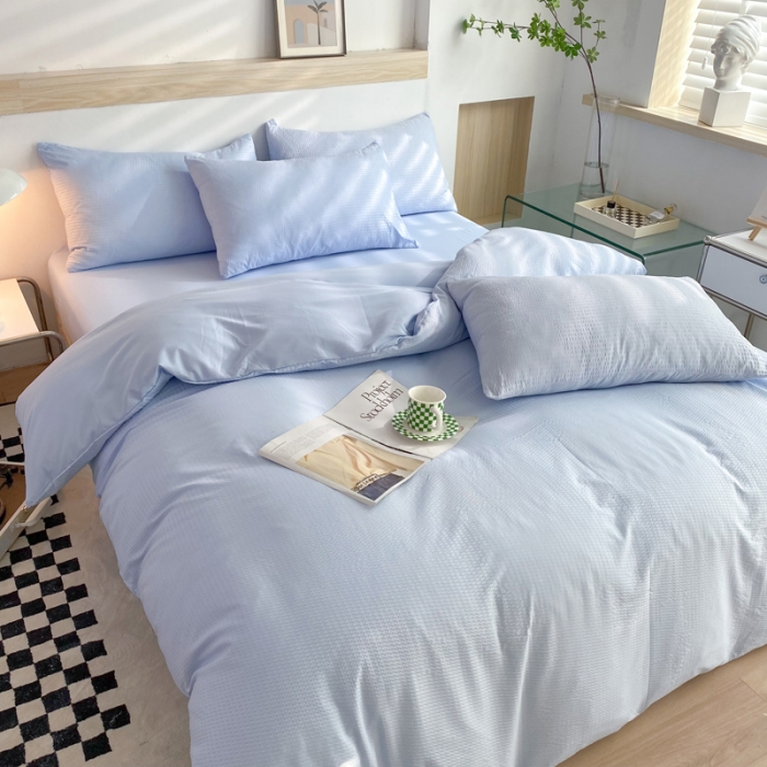 91家纺网 家纺一手货源 找家纺 慕澄家纺 2022新款华夫格简约款泡泡四件套 天空蓝